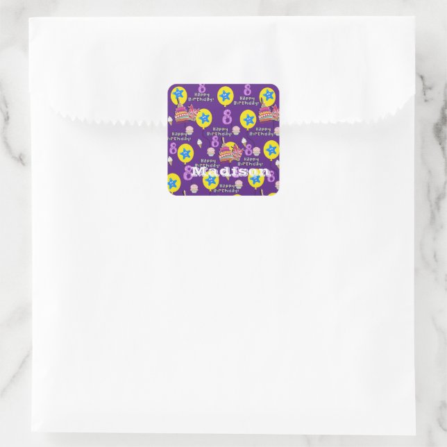 Stickers carrés, #8 Joyeux 8ème anniversaire viole (Sac)