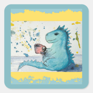 Stickers carrés d'un Dinosaure Boire Café