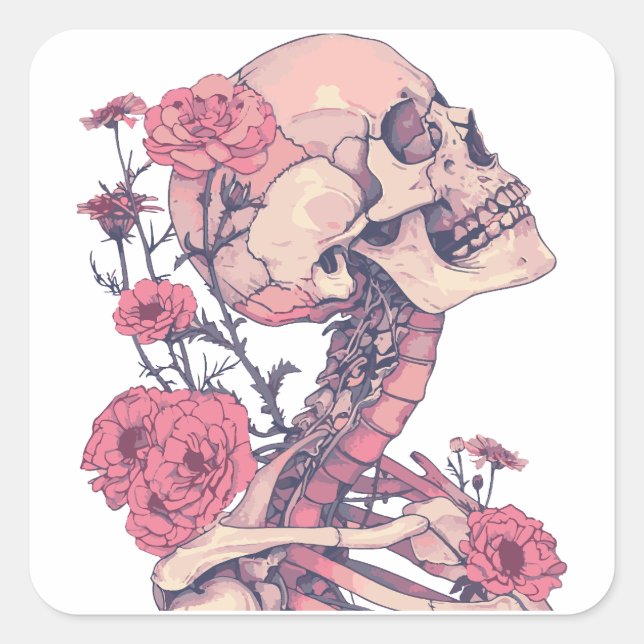 Stickers carrés. Squelette avec fleurs. Couleur ro (Devant)