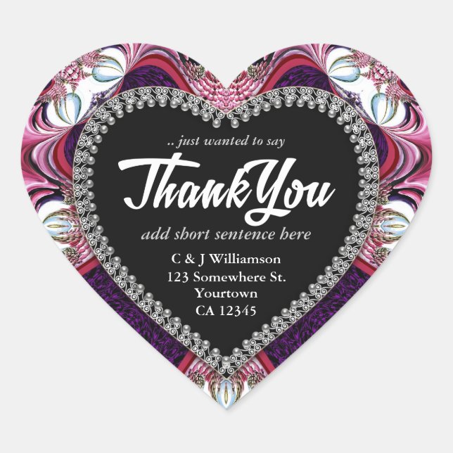 Stickers Coeur Merci rose pourpre dentelle fractal (Devant)