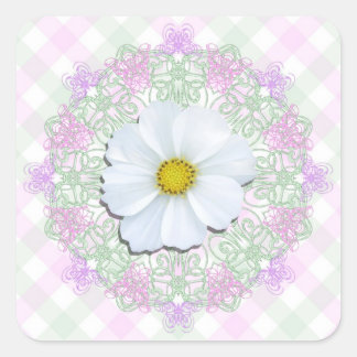 Stickers - Cosmos blancs sur dentelle et treillis
