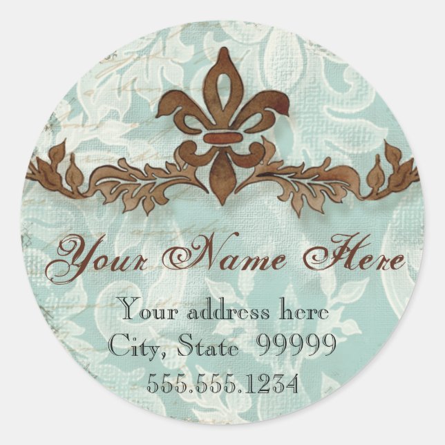 Stickers d'adresse Brown Fleur di Lys Damask (Devant)