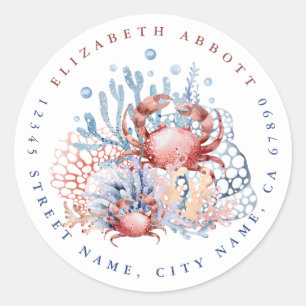 Stickers d'adresse ronde de crabe mignon