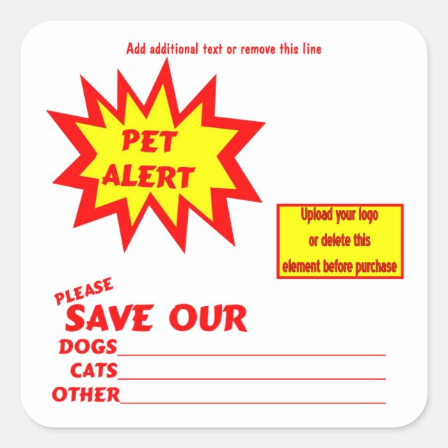 Stickers d'alerte pour animaux de compagnie Carrés (Devant)