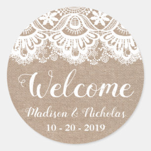 Stickers de bienvenue Mariage Burlap et dentelle, 
