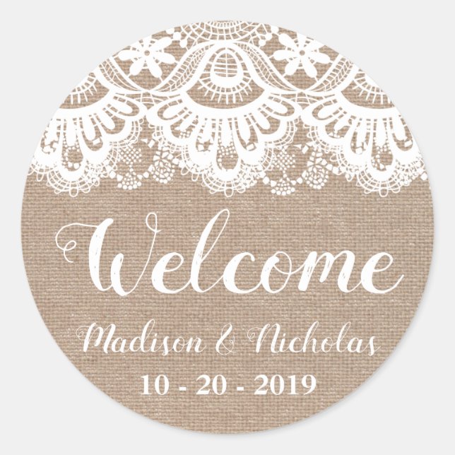 Stickers de bienvenue Mariage Burlap et dentelle,  (Devant)