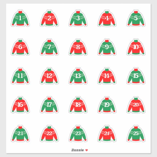 Stickers de l'Avent numérique rouge et vert (Feuille)