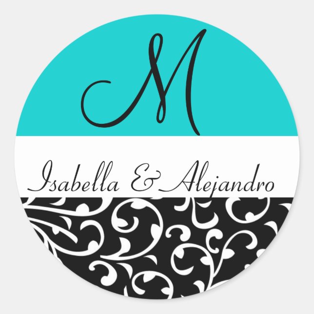 Stickers de mariage Aqua Blue Swirl Damask Monogra (Devant)