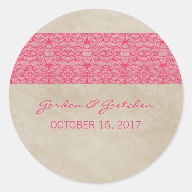 Stickers de mariage en dentelle rose rustique (Devant)