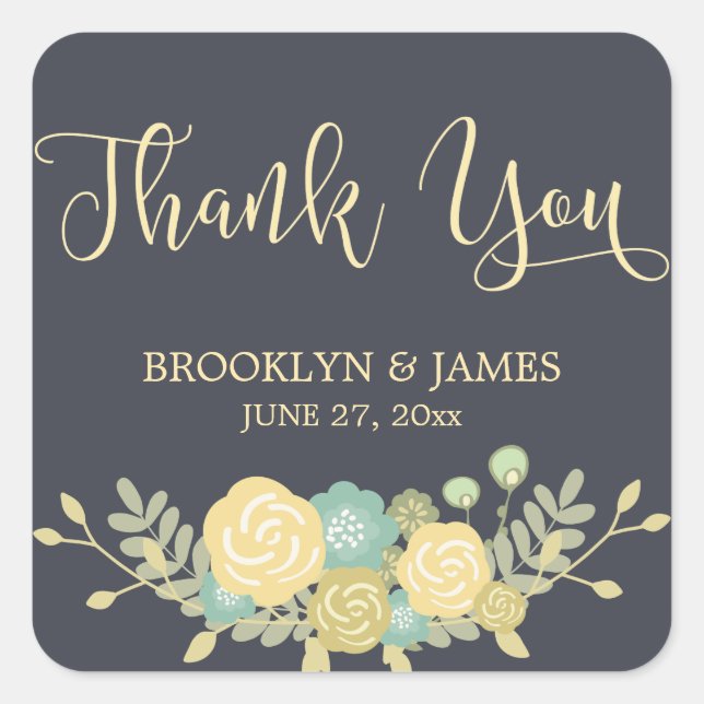 Stickers de Mariage en tableau noir Carré Fleurs J (Devant)