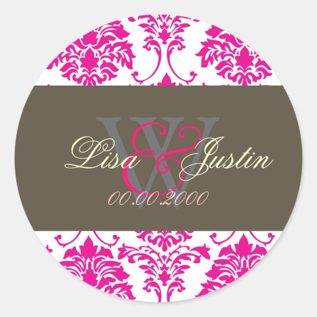 stickers de mariage monogramme rose Damask (Devant)