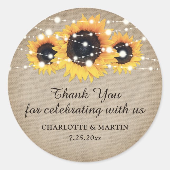 Stickers de Merci de Mariage de tournesol Burlap R (Devant)
