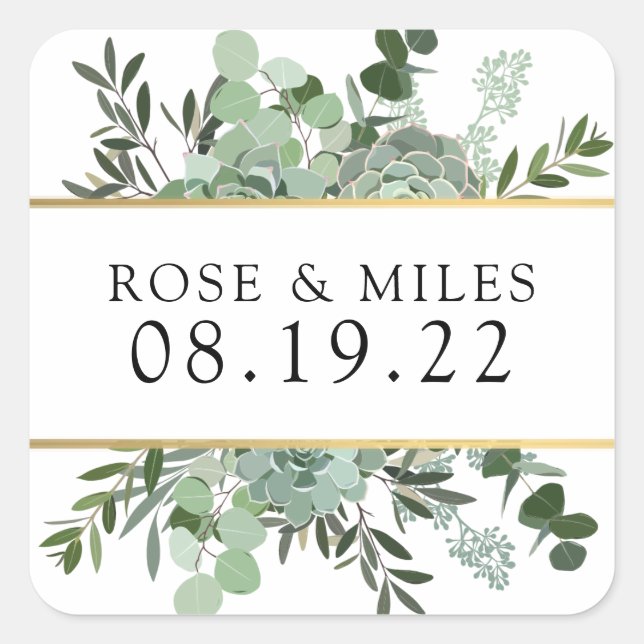 Stickers de Merci de Mariage d'or et de succulents (Devant)
