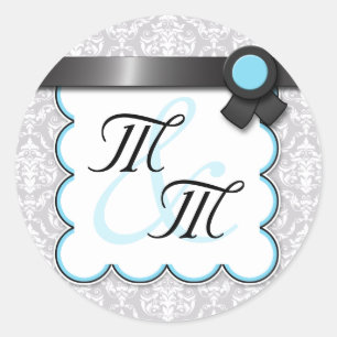 Stickers double Monogramme Aqua Blue & Grey Damask