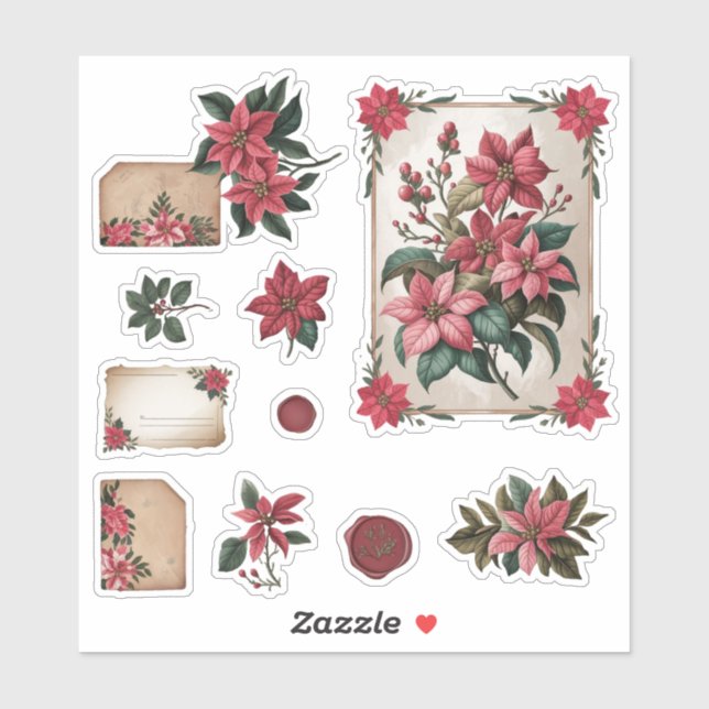 Stickers Ephemera Papier à lettres Poinsettia vint (Feuille)