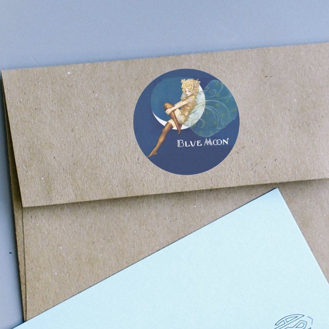 Stickers Fairy Blue Moon (Pretty blond fairy on blue moon in silk stockings on round dark blue sticker.)