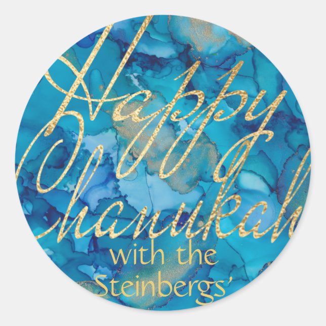 Stickers farblich Gold Happy Chanukah Round (Vorderseite)