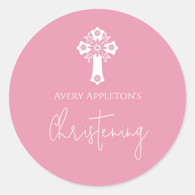 Stickers Floral Cross Christening Rose Pink (Devant)