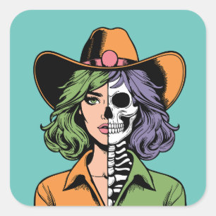 Stickers Halloween squelette cowgirl
