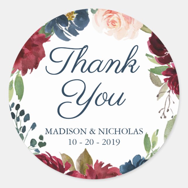 Stickers mariage floral marine et marsala Merci (Devant)