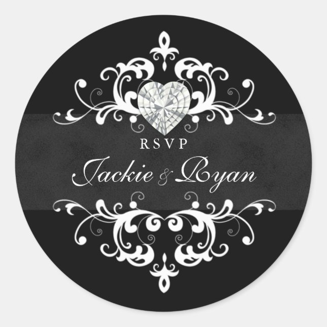Stickers Mariage RSVP Black White Coeur Bijou (Devant)