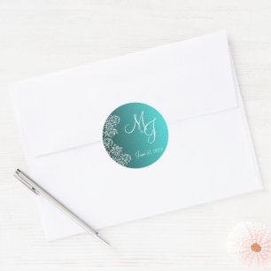 Stickers Mariages ronds Damask Turquoise