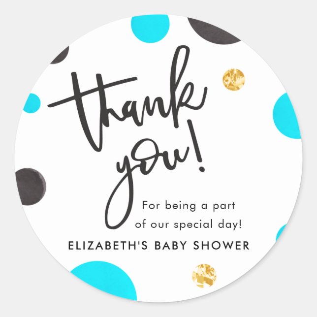 Stickers Merci Baby shower bleu et or - Garçon (Devant)