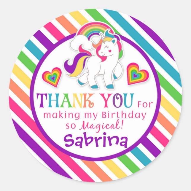 Stickers Merci d'anniversaire Rainbow Pony Unicorn (Devant)
