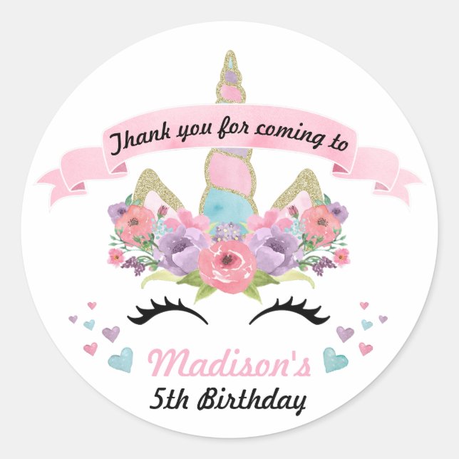 Stickers Merci de fête d'anniversaire de la licorn (Devant)