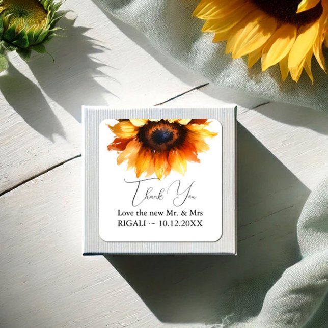 Stickers Merci de tournesol (Thank you stickers watercolor sunflowers personalized text by VG Invites)