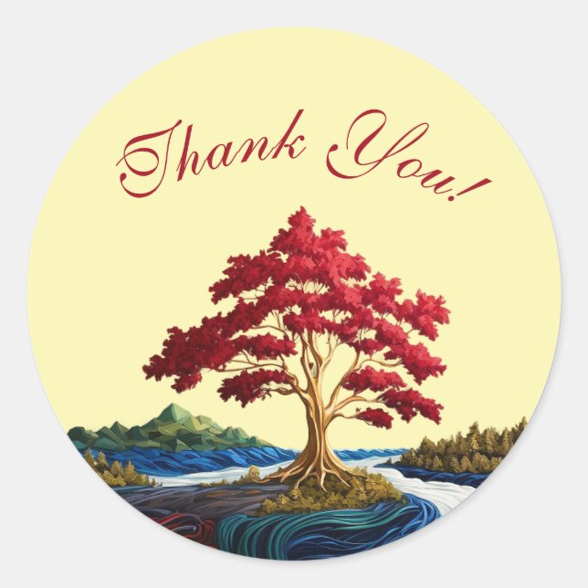 Stickers Merci Red Tree River/Forest/Mountains (Devant)