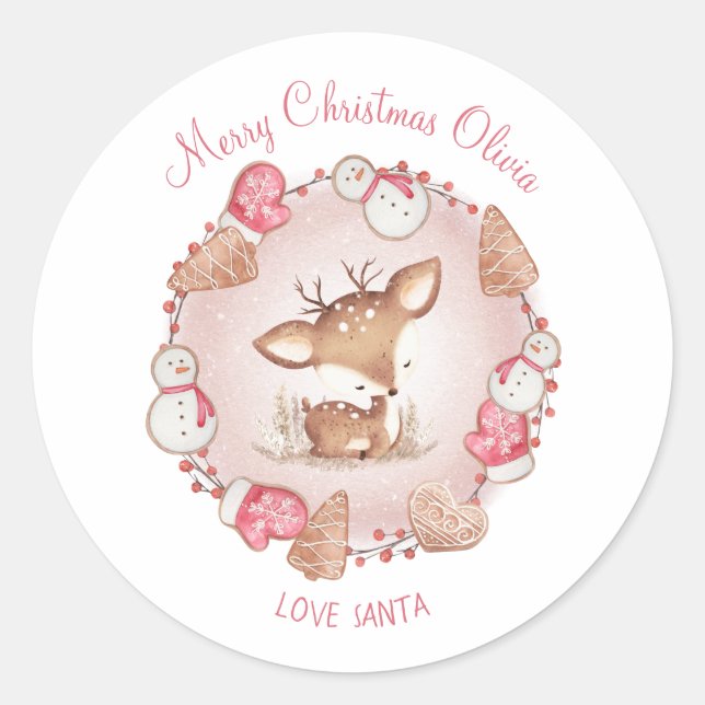 Stickers Noël aux Cerfs mignons Nom rose (Devant)