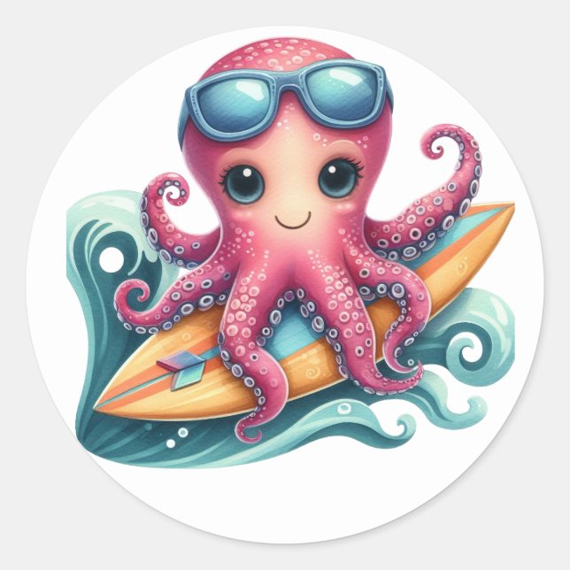 Stickers Pieuvre Cute Surfing (Devant)