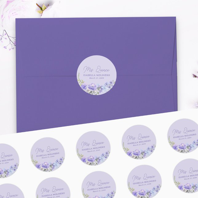 Stickers Quince pourpre Peri Floral Quinceanera (Purple floral Mis Quince stickers for envelope seals or ..)