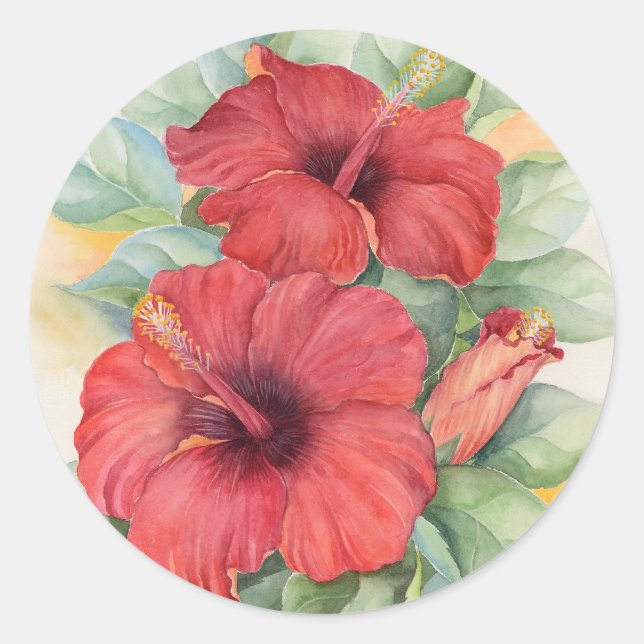 Stickers ronds à fleurs rouges Hibiscus Aquarelle  (Devant)