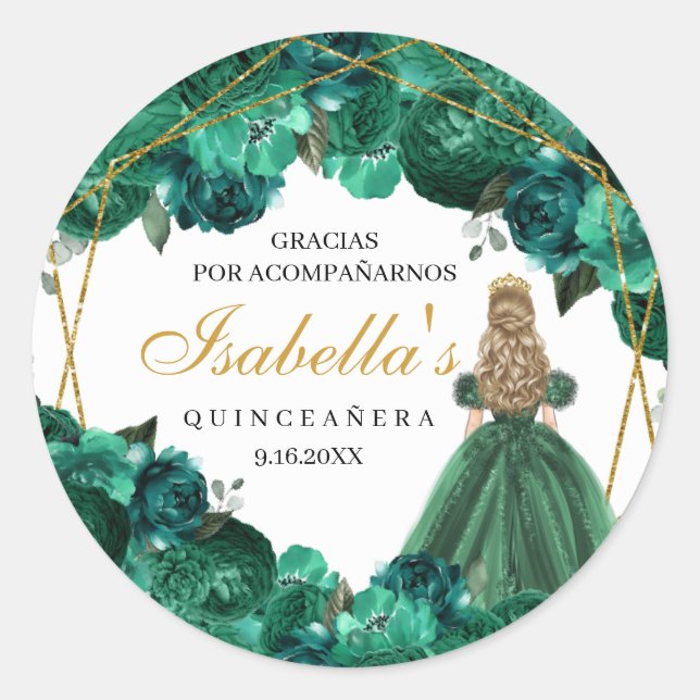 Stickers ronds de Quinceanera fleurie Emerald (Devant)