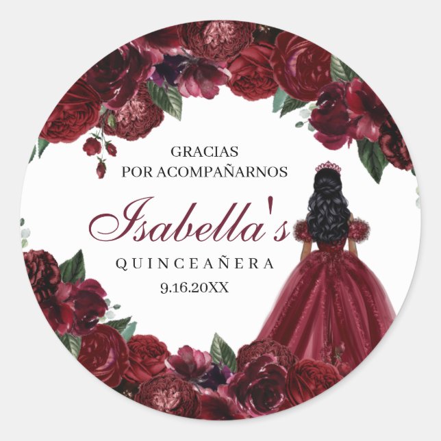 Stickers ronds de Quinceanera Florale Bourgogne (Devant)
