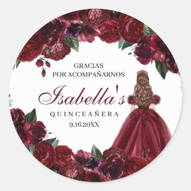 Stickers ronds de Quinceanera Florale Bourgogne (Devant)
