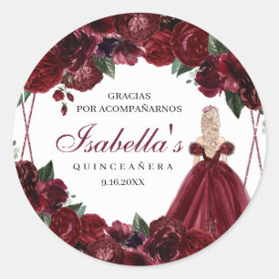 Stickers ronds de Quinceanera Florale Bourgogne