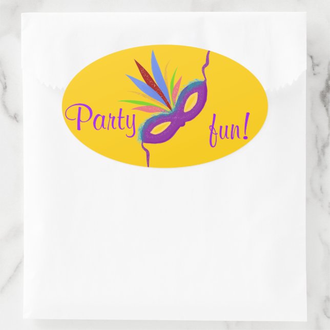 Stickers ronds Plumes de Masque pourpre Mardi Gras (Sac)