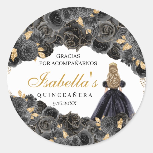 Stickers ronds Quinceanera Floral Noir et Or (Devant)