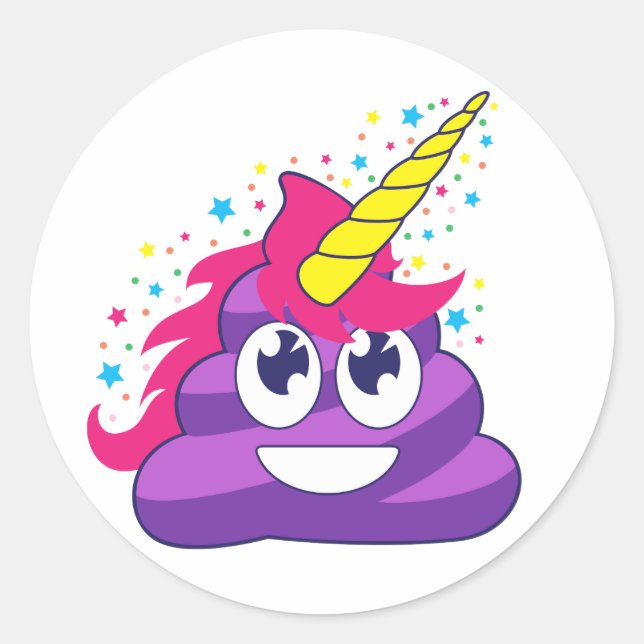Stickers ronds violets Unicorne Poop Emoji (Devant)
