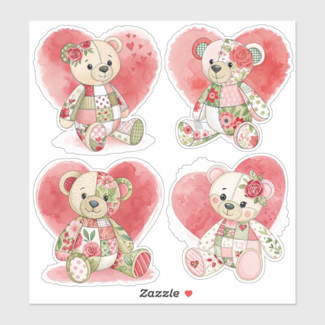 Stickers rose et Coeurs Ours de Patchwork (Feuille)