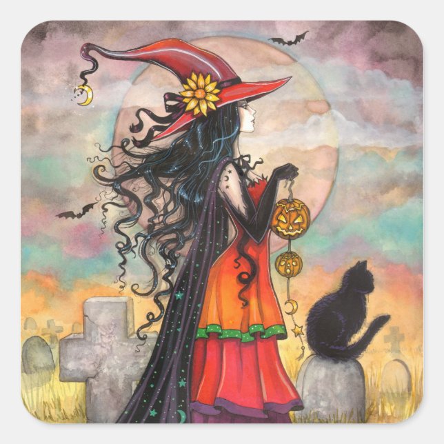 Stickers sorcière d'Halloween et chats noirs (Devant)