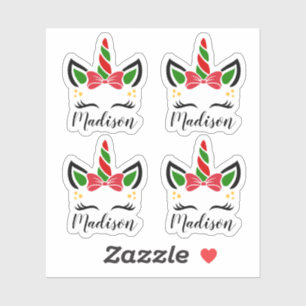 Stickers Unicorne de Noël mignons avec nom personn
