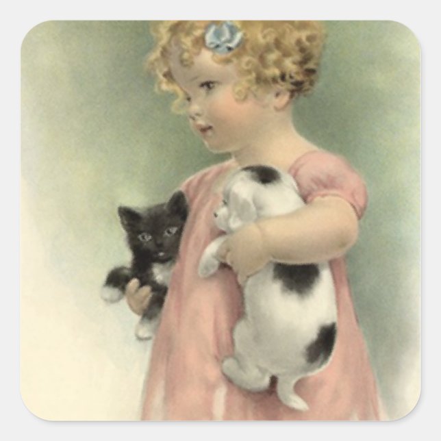 STICKERS Vintag Viktorianische Girl Kitten Puppy S (Vorderseite)