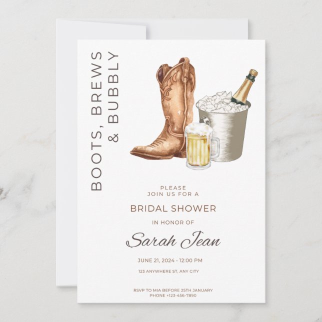 Stiefel, Brews und Bubbly Brautparty laden ein Einladung (Vorderseite)