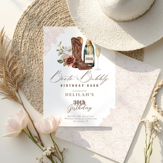 Stiefel & Bubbly Chic Cowgirl Wild Western Geburts Einladung (Boots & Bubbly Chic Cowgirl Wild Western Birthday Invitation)