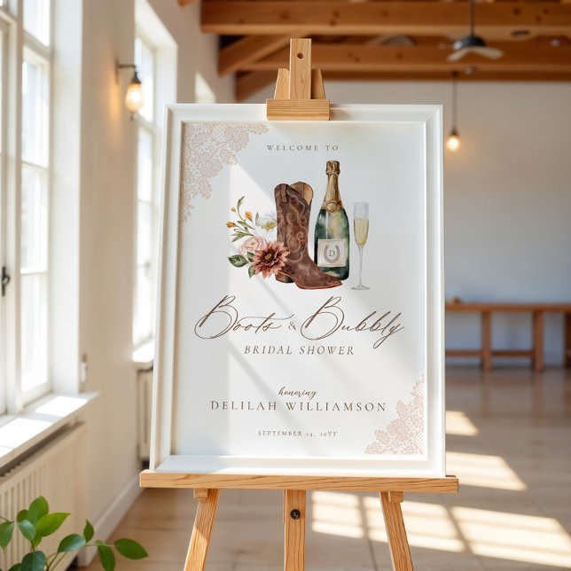 Stiefel & Bubbly Cowgirl Western Brautparty signie Poster (Boots & Bubbly Cowgirl Western Bridal Shower Sign)