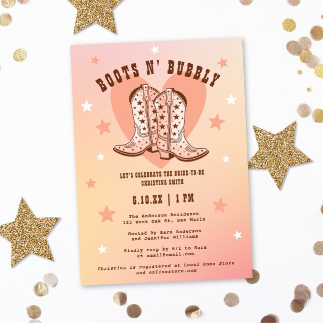 Stiefel & Bubbly Cowgirl Western Peach Brautparty Einladung (Von Creator hochgeladen)